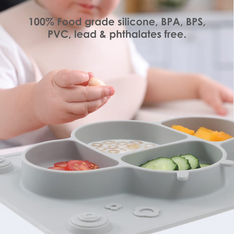 ROCCED Suction Plates for Baby Placemat Spoon Fork Set for Toddlers, Silicone Baby Plates with Suction Baby Dishes for Kids Plates-grey - Image 3